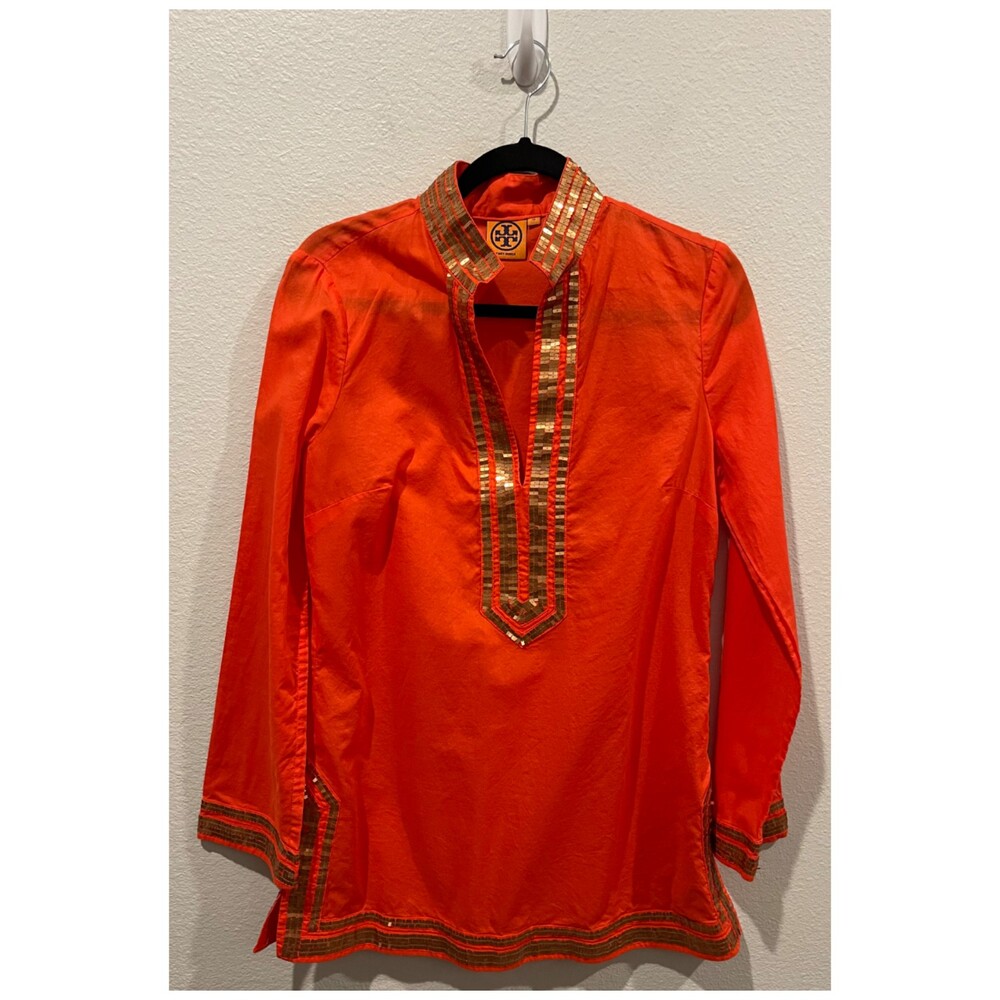 TORY BURCH Gold Sequins V-Neck Orange Caftan Tunic - Picture 2 of 6